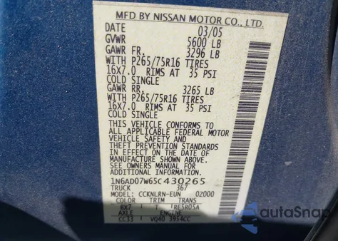 2005 Nissan Frontier Nismo Off Road from USA, damaged, VIN 1N6AD07W65C430265